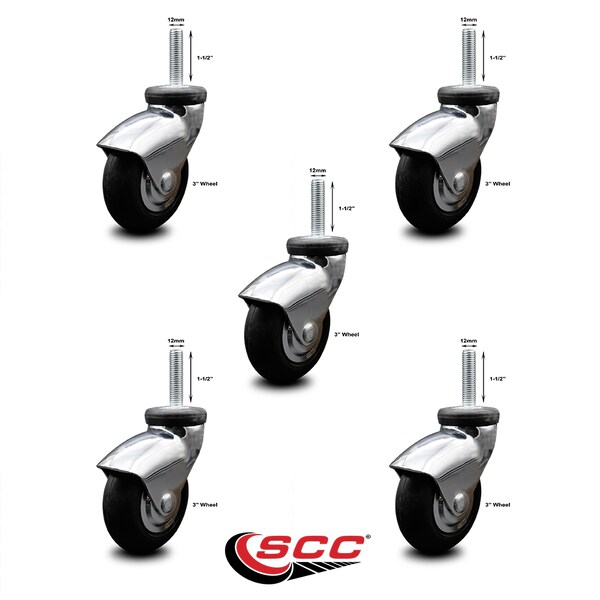 3 Inch Bright Chrome Hooded Neoprene Rubber 12mm Threaded Stem Casters SCC, 5PK